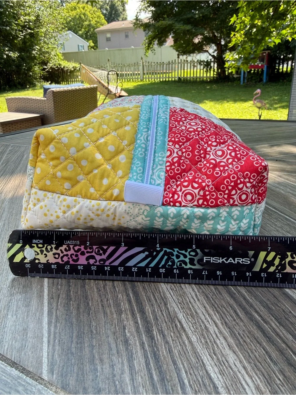 Hand Crafted Quilted Patchwork Zipper Pouch in Aqua, Red, Yellow Cosmetic Bag